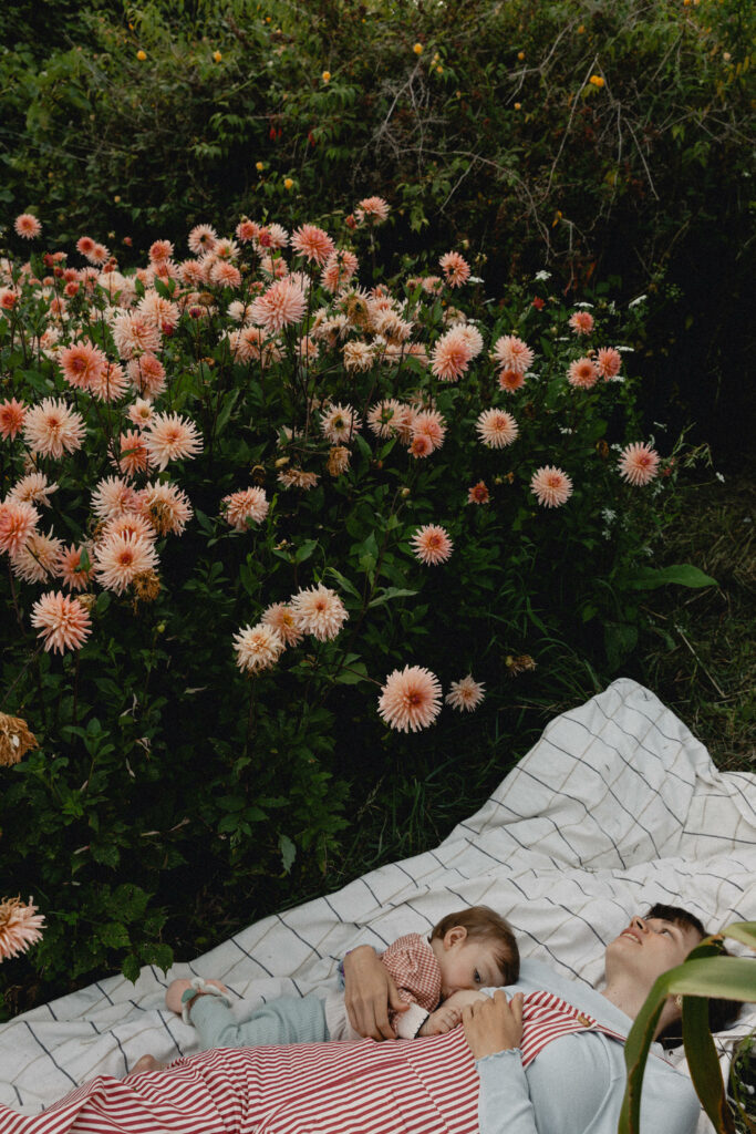 séance photo allaitement dans la nature dans un champs de fleurs en bretagne